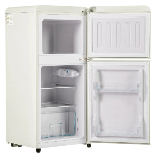 Frigorifero retro; congelatore; doppia porta; volume totale 60L; vano congelatore da 22L; luce LED; efficiente energeticamente; bianco crema