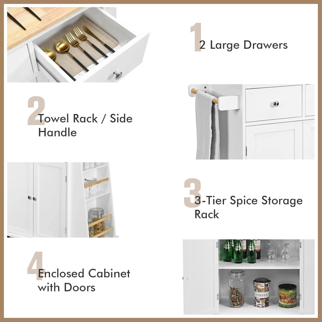 Credenza, Carrello di Servizio con Ruote Regolabile con Portaspezie a 3 Livelli, Armadio in Cucina con 2 Cassetti e 2 Porte, 2 Colori, 88x45x89,5cm