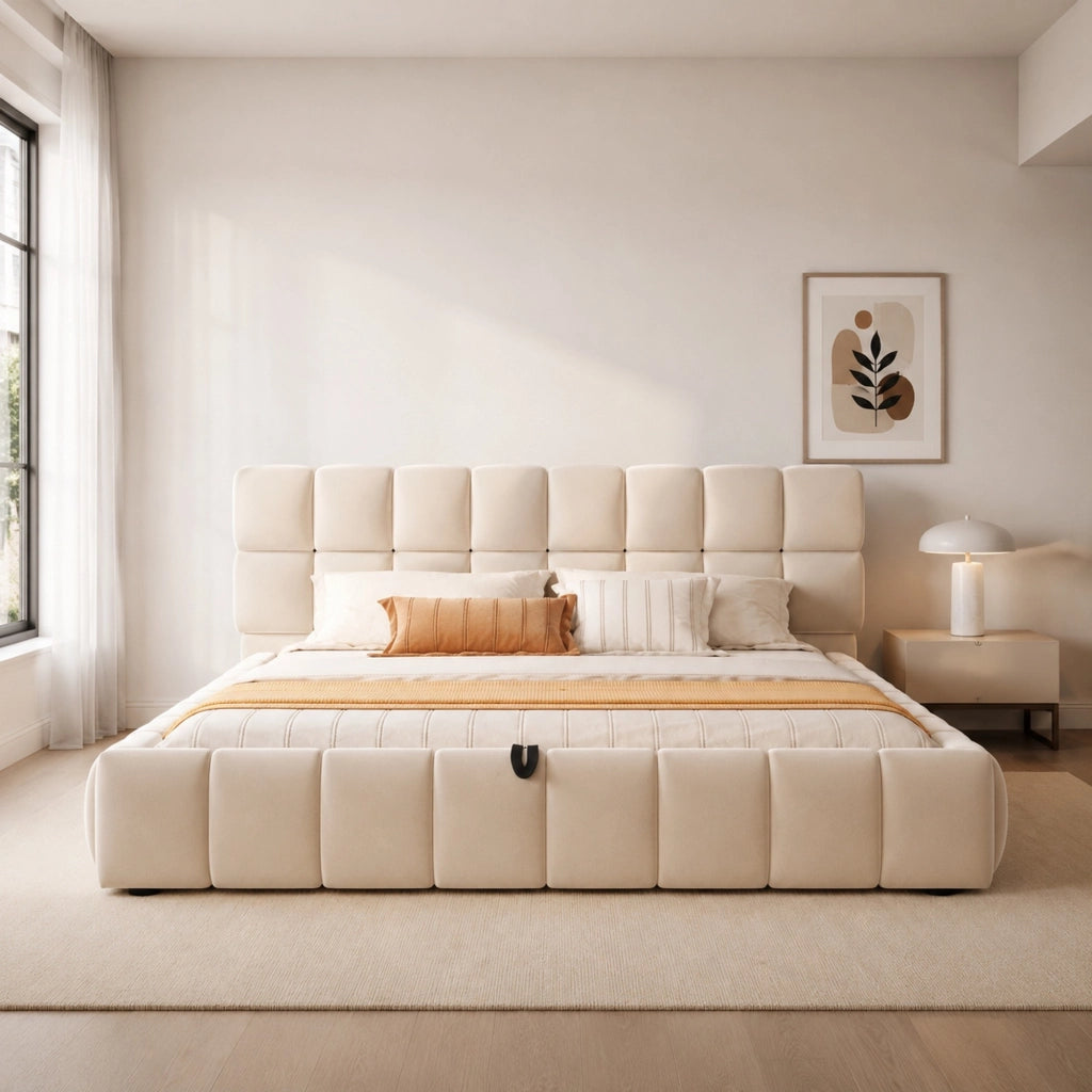 Letto matrimoniale imbottito 140x200 cm con contenitore idraulico in velluto beige