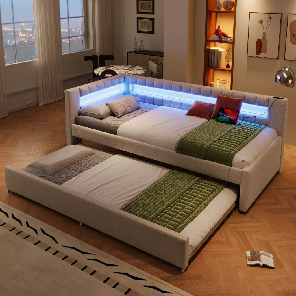 Letto Estraibile 90x200 cm; Letto Singolo; USB; Type-C e LED; in Lino; Beige
