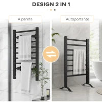 Scaldasalviette Elettrico da Terra o Parete 150W con 8 Barre e Timer 2-4 Ore, 53x35x90 cm, Nero