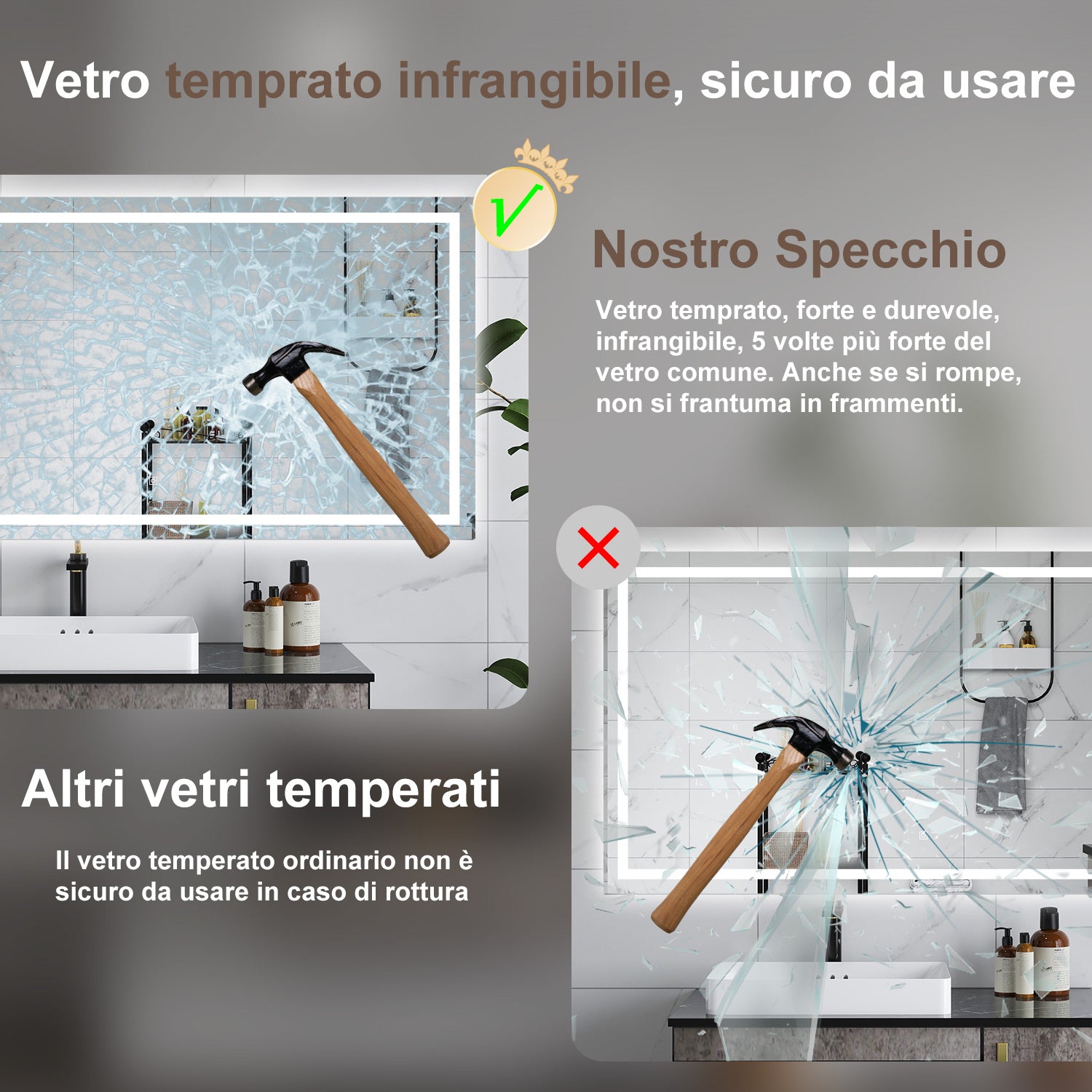 AICA Specchio da bagno  70 x 50 cm, dimmerabile, interruttore touch, Funzione Memoria, antiappannamento, 3 colori