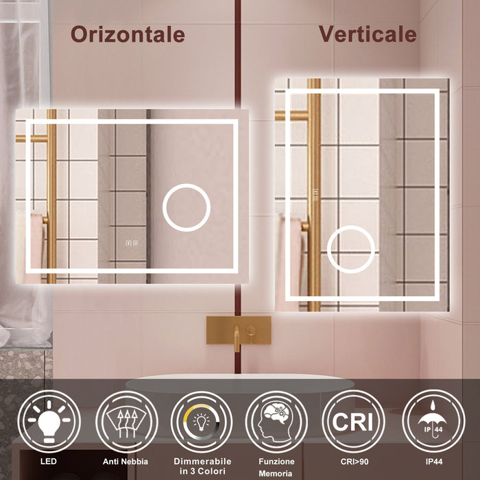 AICA Specchio da bagno  80 x 60 cm, dimmerabile, Blue tooth, Funzione Memoria, antiappannamento, 3 colori, Magnificatore