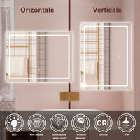 AICA Specchio da bagno  100 x 60 cm, dimmerabile, interruttore touch, Funzione Memoria, antiappannamento