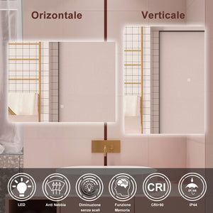 AICA Specchio da bagno 90 x 70 cm, antiappannamento, dimmerabile, interruttore touch, Funzione Memoria