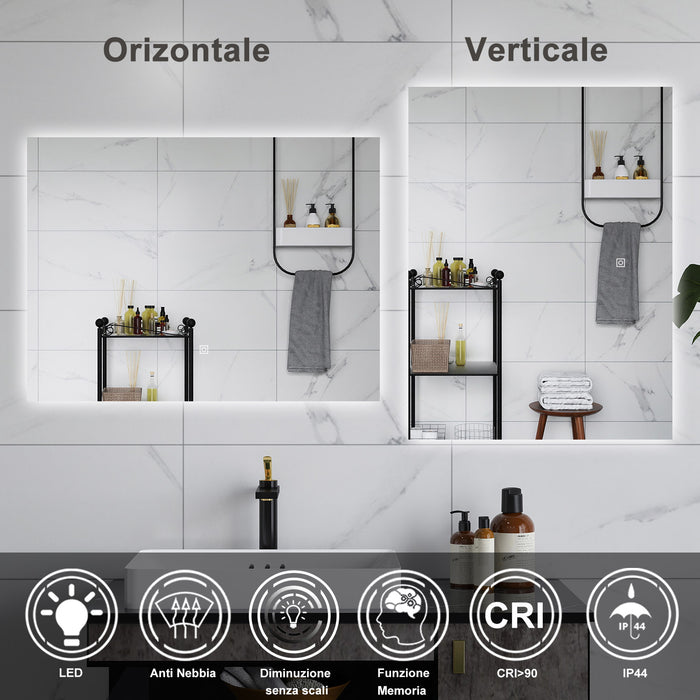 AICA Specchio da bagno 90 x 70 cm, antiappannamento, dimmerabile, interruttore touch, Funzione Memoria