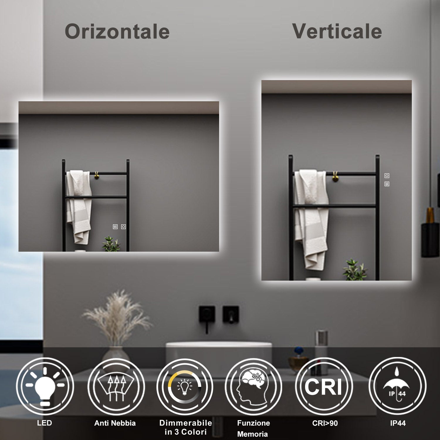 AICA Specchio da bagno 90 x 70 cm, dimmerabile, Funzione Memoria, antiappannamento, 3 colori