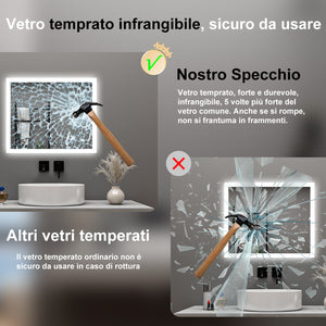 AICA Specchio da bagno  60 x 50 cm, dimmerabile, Funzione Memoria, antiappannamento, 3 colori