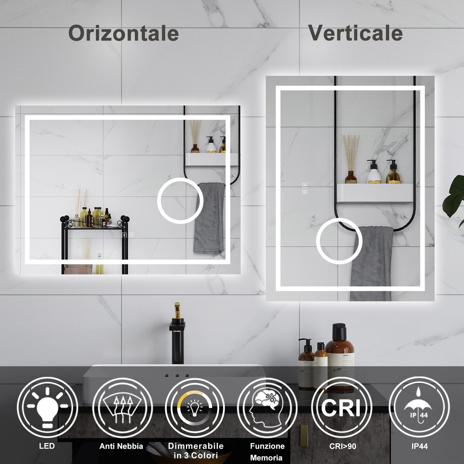 AICA Specchio da bagno  80 x 60 cm, dimmerabile, Blue tooth, Funzione Memoria, antiappannamento, 3 colori, Magnificatore