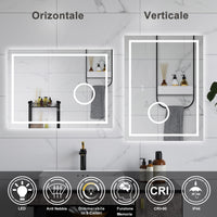 AICA Specchio da bagno  80 x 60 cm, dimmerabile, Blue tooth, Funzione Memoria, antiappannamento, 3 colori, Magnificatore