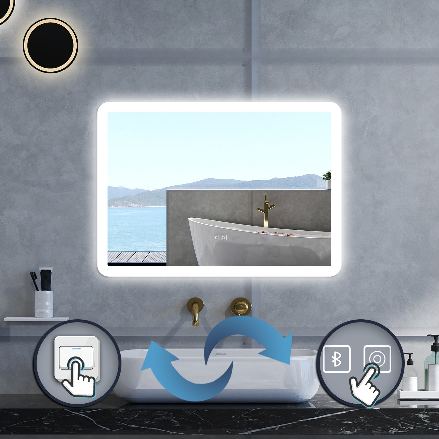 Specchio da bagno Rettangolare con 80x60cm,Blue tooth,3 colori,Memoria, Antifog,Regorabile,Retroilluminato,doppio interruttore,