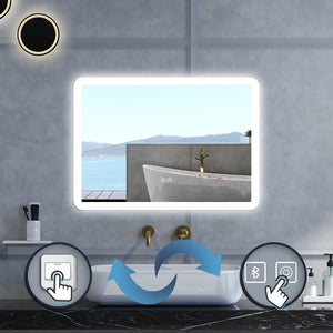 Specchio da bagno Rettangolare con 80x60cm,Blue tooth,3 colori,Memoria, Antifog,Regorabile,Retroilluminato,doppio interruttore,