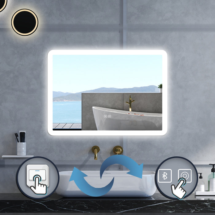 Specchio da bagno Rettangolare con 80x60cm,Blue tooth,3 colori,Memoria, Antifog,Regorabile,Retroilluminato,doppio interruttore,