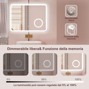 AICA Specchio da bagno  60 x 80 cm, dimmerabile, Blue tooth, Funzione Memoria, antiappannamento, 3 colori, Magnificatore