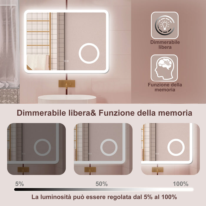 AICA Specchio da bagno  60 x 80 cm, dimmerabile, Blue tooth, Funzione Memoria, antiappannamento, 3 colori, Magnificatore