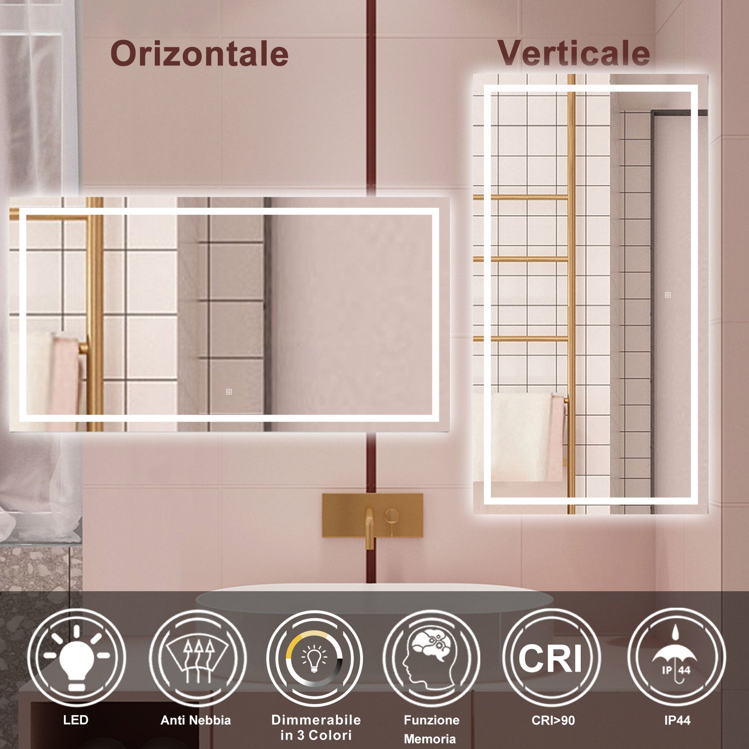 AICA Specchio da bagno  70 x 50 cm, dimmerabile, interruttore touch, Funzione Memoria, antiappannamento, 3 colori
