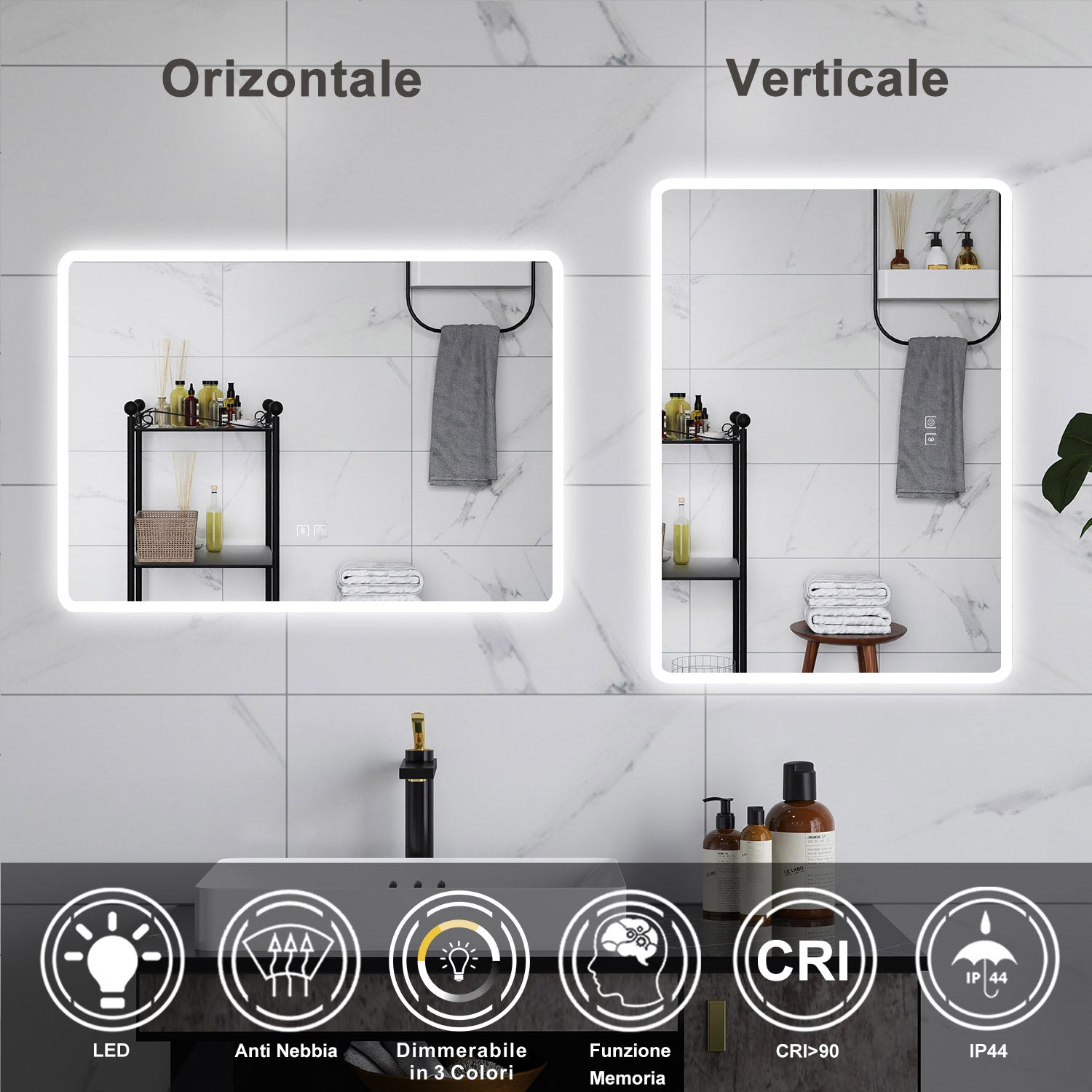 AICA Specchio da bagno  70 x 50 cm, dimmerabile, Blue tooth, Funzione Memoria, antiappannamento, 3 colori