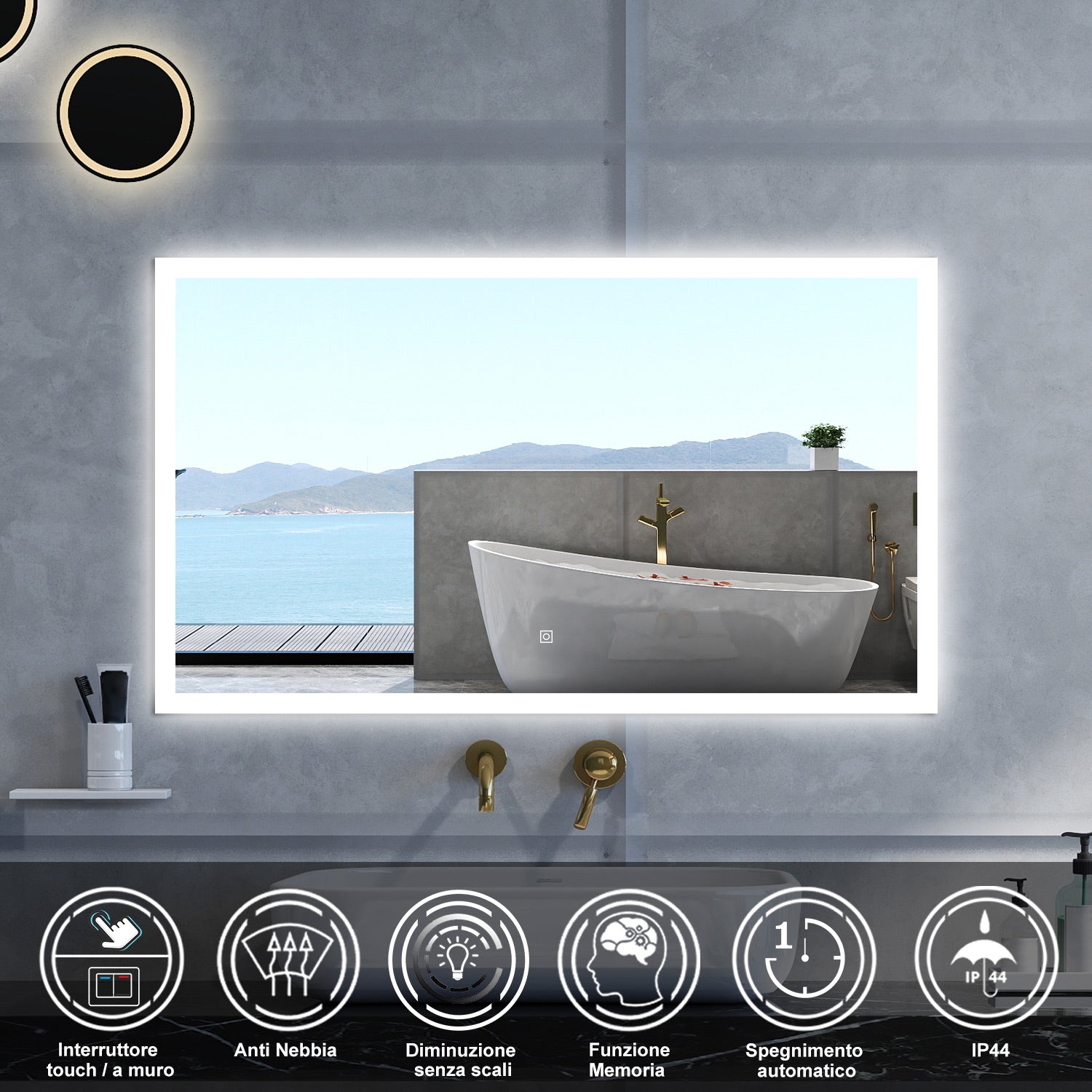 Specchio da bagno Rettangolare con 100x60cm,Memoria, Antifog,Regorabile,Retroilluminato,doppio interruttore,