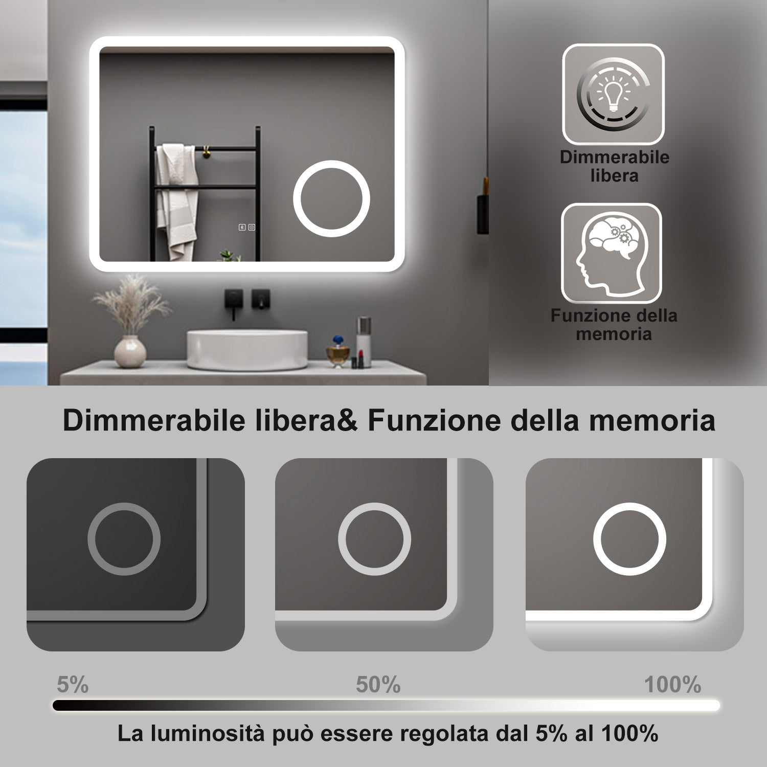 AICA Specchio da bagno  60 x 80 cm, dimmerabile, Blue tooth, Funzione Memoria, antiappannamento, 3 colori, Magnificatore