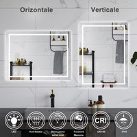 AICA Specchio da bagno  100 x 60 cm, dimmerabile, interruttore touch, Funzione Memoria, antiappannamento