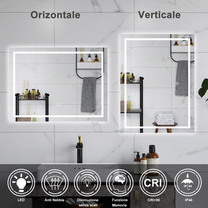 AICA Specchio da bagno  100 x 60 cm, dimmerabile, interruttore touch, Funzione Memoria, antiappannamento