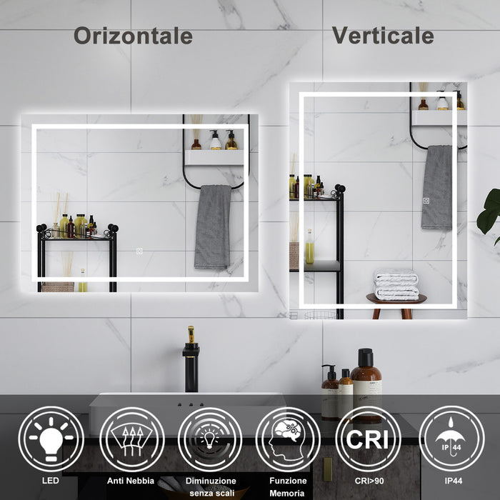 AICA Specchio da bagno  100 x 60 cm, dimmerabile, interruttore touch, Funzione Memoria, antiappannamento