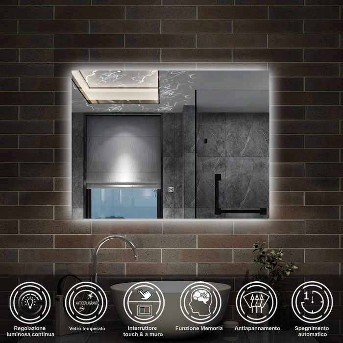 80 x 60 cm,AICA Specchio da Bagno LED con Luce, memoria, antiappannamento,CRI>90,autospegnimento,interruttore touch