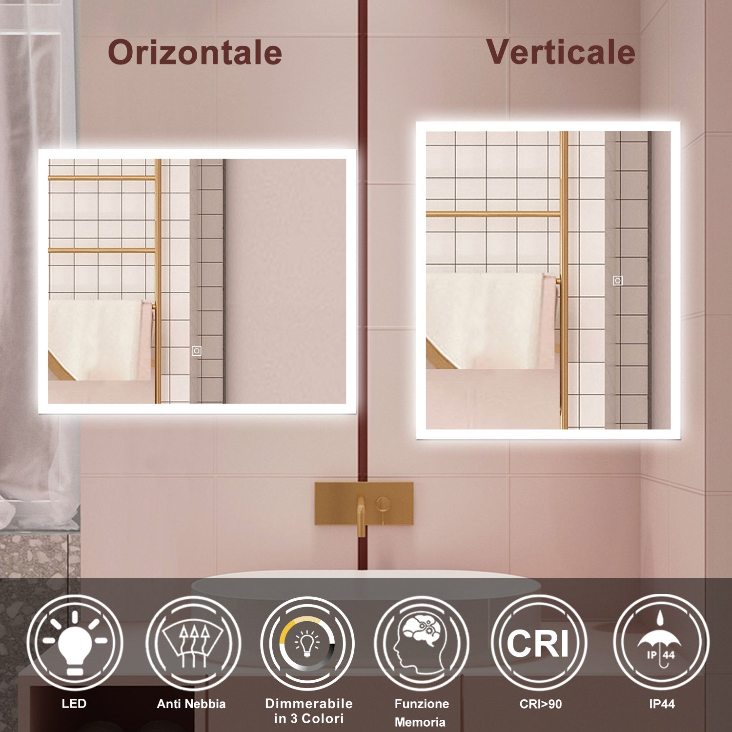 AICA Specchio da bagno  80 x 60 cm, dimmerabile, Funzione Memoria, antiappannamento, 3 colori