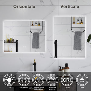 AICA Specchio da bagno 80 x 60 cm, dimmerabile, Funzione Memoria, antiappannamento, 3 colori