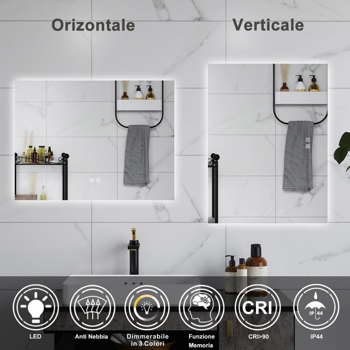 AICA Specchio da bagno 80 x 60 cm, dimmerabile, Funzione Memoria, antiappannamento, 3 colori