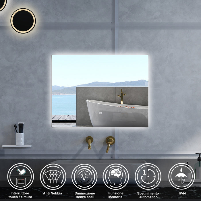 Specchio da bagno Rettangolare con 90x70cm,Memoria, Antifog,Regorabile,Retroilluminato,doppio interruttore,