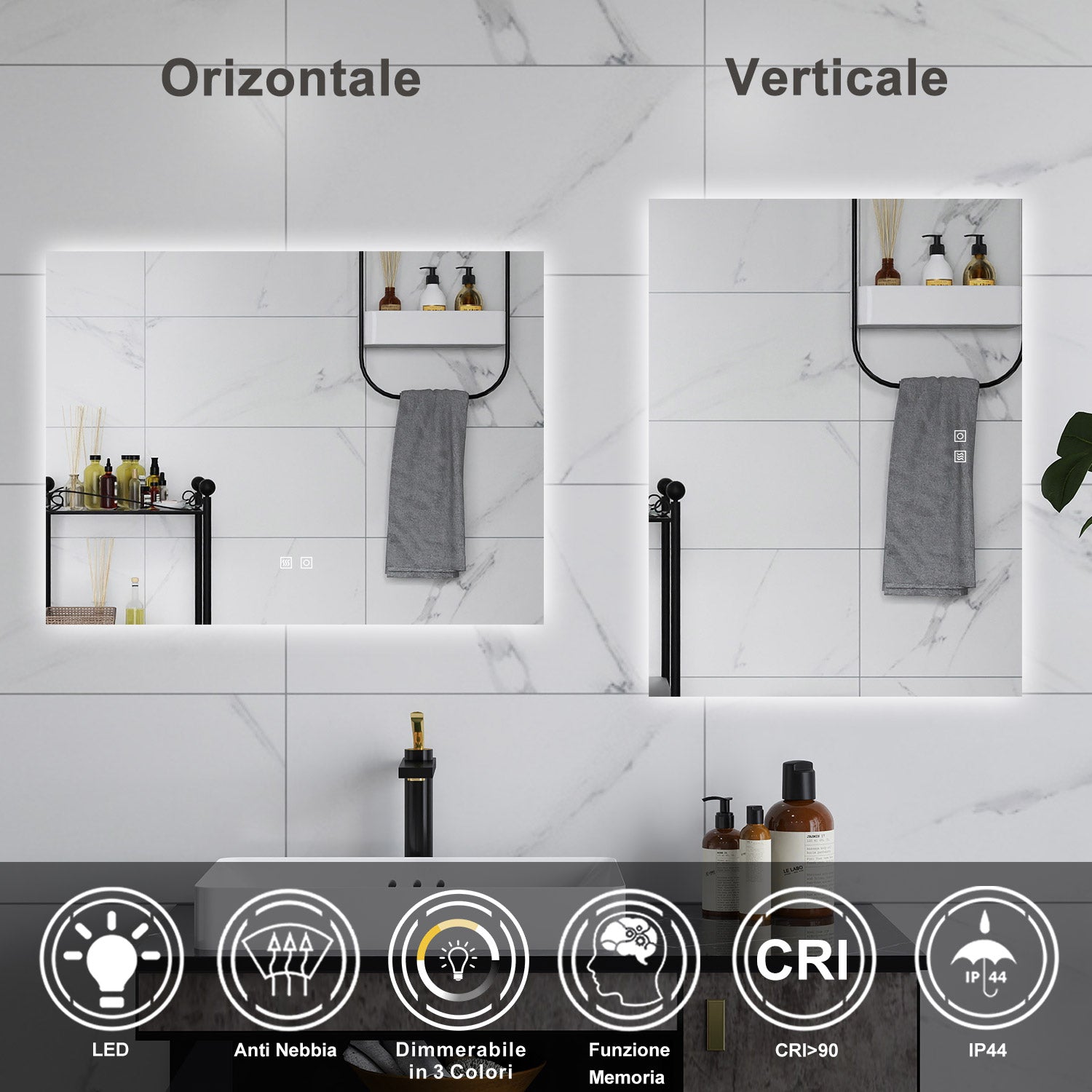 AICA Specchio da bagno  100 x 60 cm, dimmerabile, Funzione Memoria, antiappannamento, 3 colori