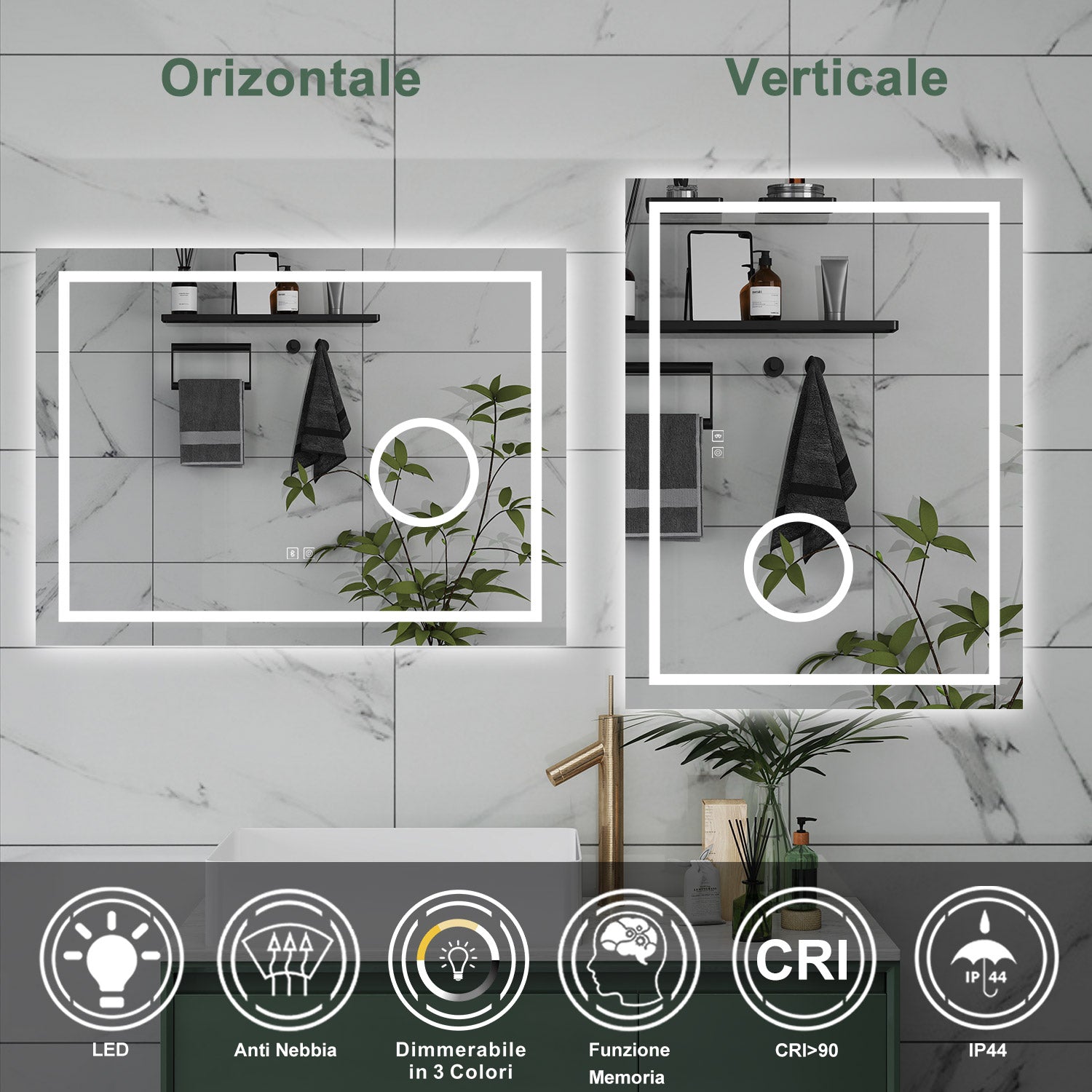 AICA Specchio da bagno  80 x 60 cm, dimmerabile, Blue tooth, Funzione Memoria, antiappannamento, 3 colori, Magnificatore