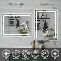 AICA Specchio da bagno  80 x 60 cm, dimmerabile, Blue tooth, Funzione Memoria, antiappannamento, 3 colori, Magnificatore