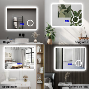 AICA Specchio da bagno  80 x 60 cm, dimmerabile, Blue tooth, Funzione Memoria, antiappannamento, 3 colori, Magnificatore,  orologio