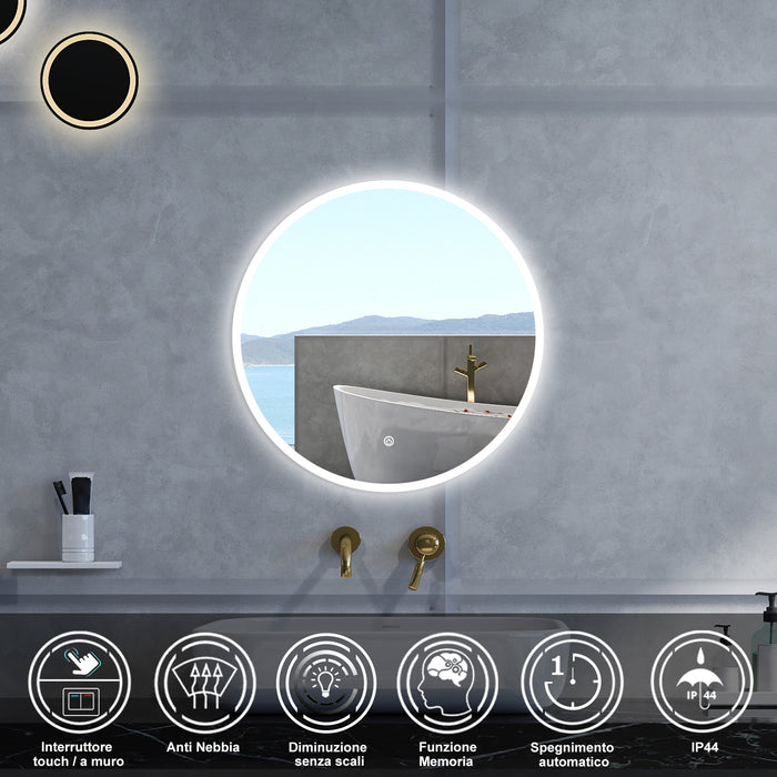 Specchio da bagno Rotondo con 60cm,Memoria,Regorabile,Retroilluminato,doppio interruttore,HD temperato