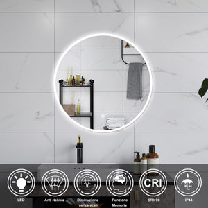 AICA Specchio da bagno 90 x 90 cm, antiappannamento, dimmerabile, interruttore touch, Funzione Memoria