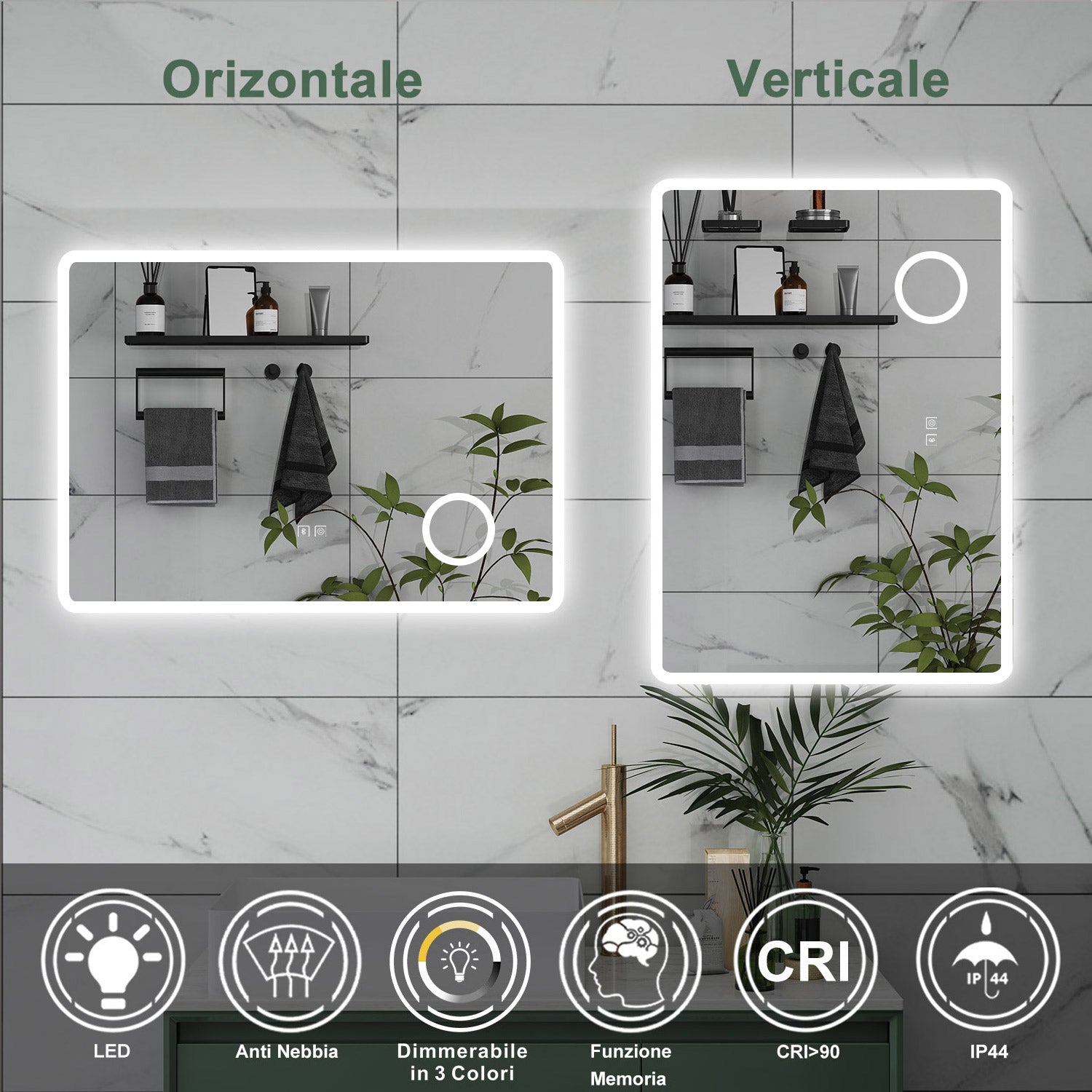 AICA Specchio da bagno  60 x 80 cm, dimmerabile, Blue tooth, Funzione Memoria, antiappannamento, 3 colori, Magnificatore