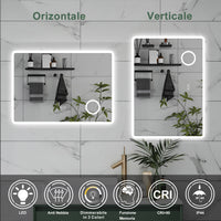 AICA Specchio da bagno  60 x 80 cm, dimmerabile, Blue tooth, Funzione Memoria, antiappannamento, 3 colori, Magnificatore