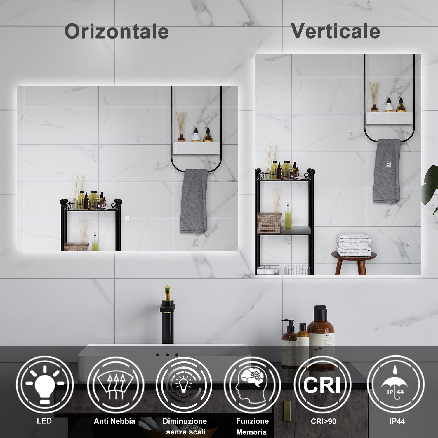 AICA Specchio da bagno 80 x 60 cm, antiappannamento, dimmerabile, interruttore touch, Funzione Memoria