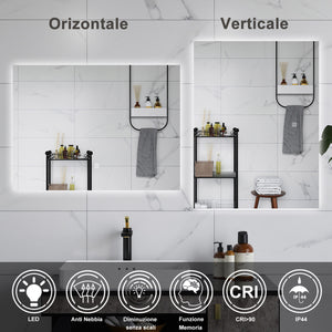 AICA Specchio da bagno 80 x 60 cm, antiappannamento, dimmerabile, interruttore touch, Funzione Memoria