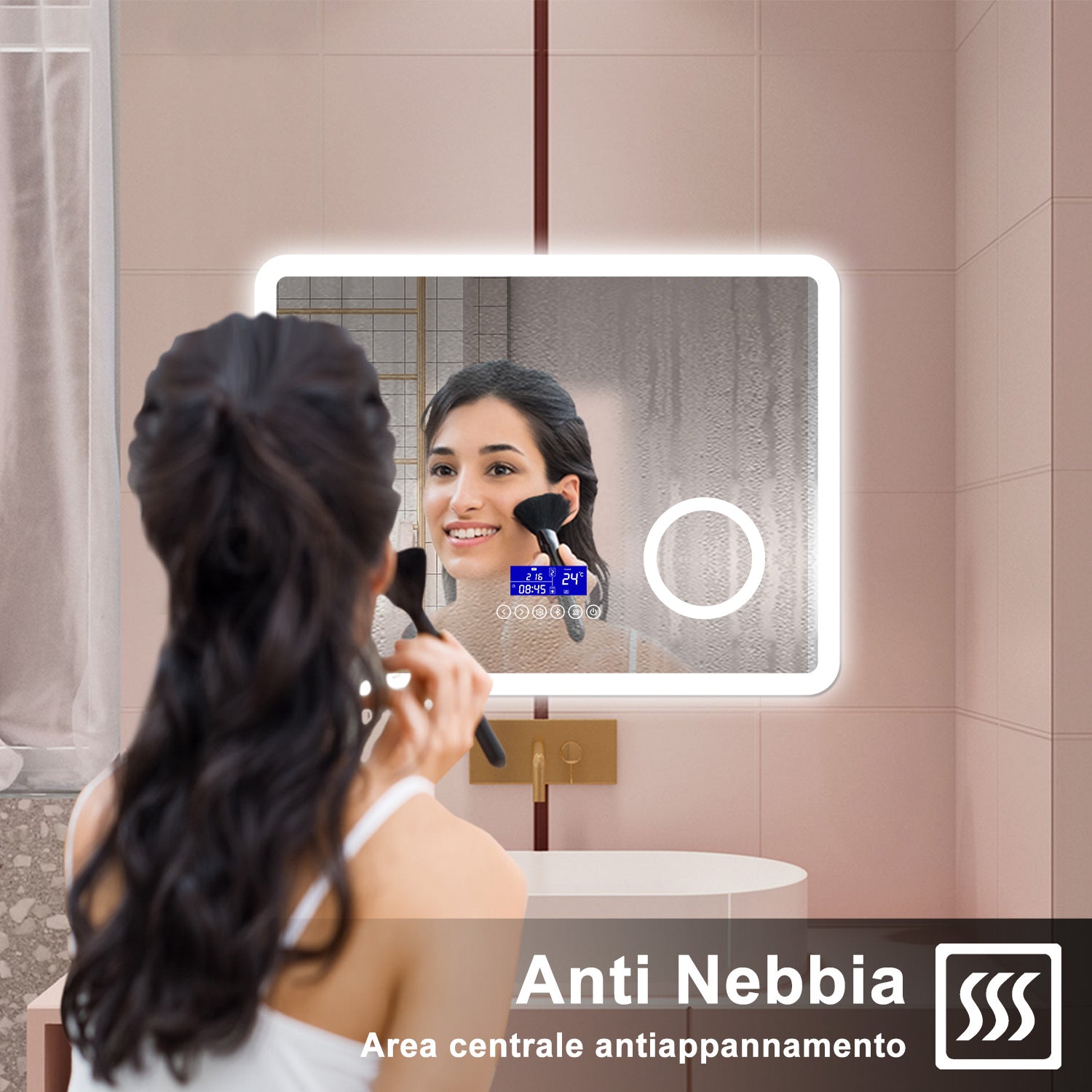 AICA Specchio da bagno  80 x 60 cm, dimmerabile, Blue tooth, Funzione Memoria, antiappannamento, 3 colori, Magnificatore,  orologio