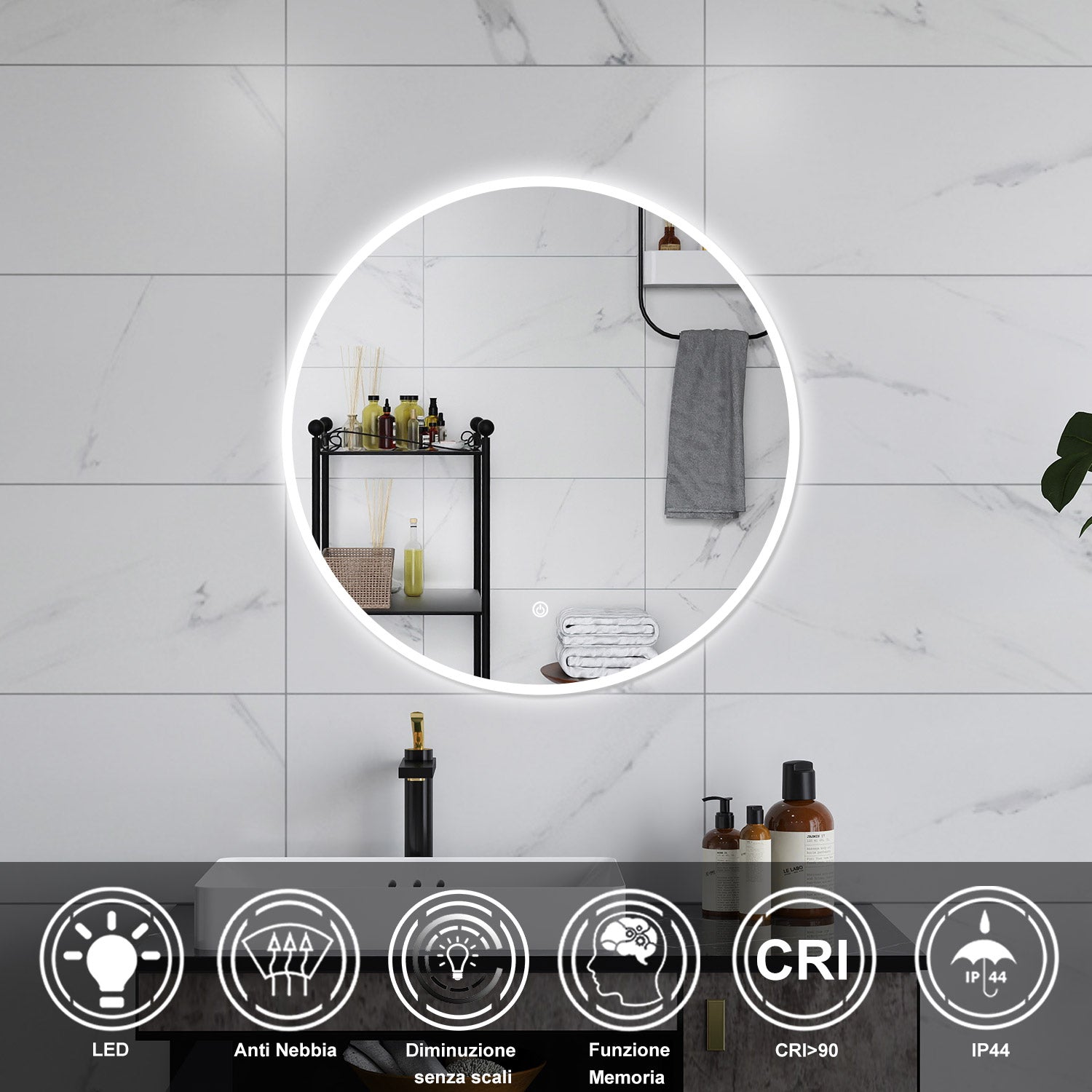 AICA Specchio da bagno 100 x 100 cm, antiappannamento, dimmerabile, interruttore touch, Funzione Memoria