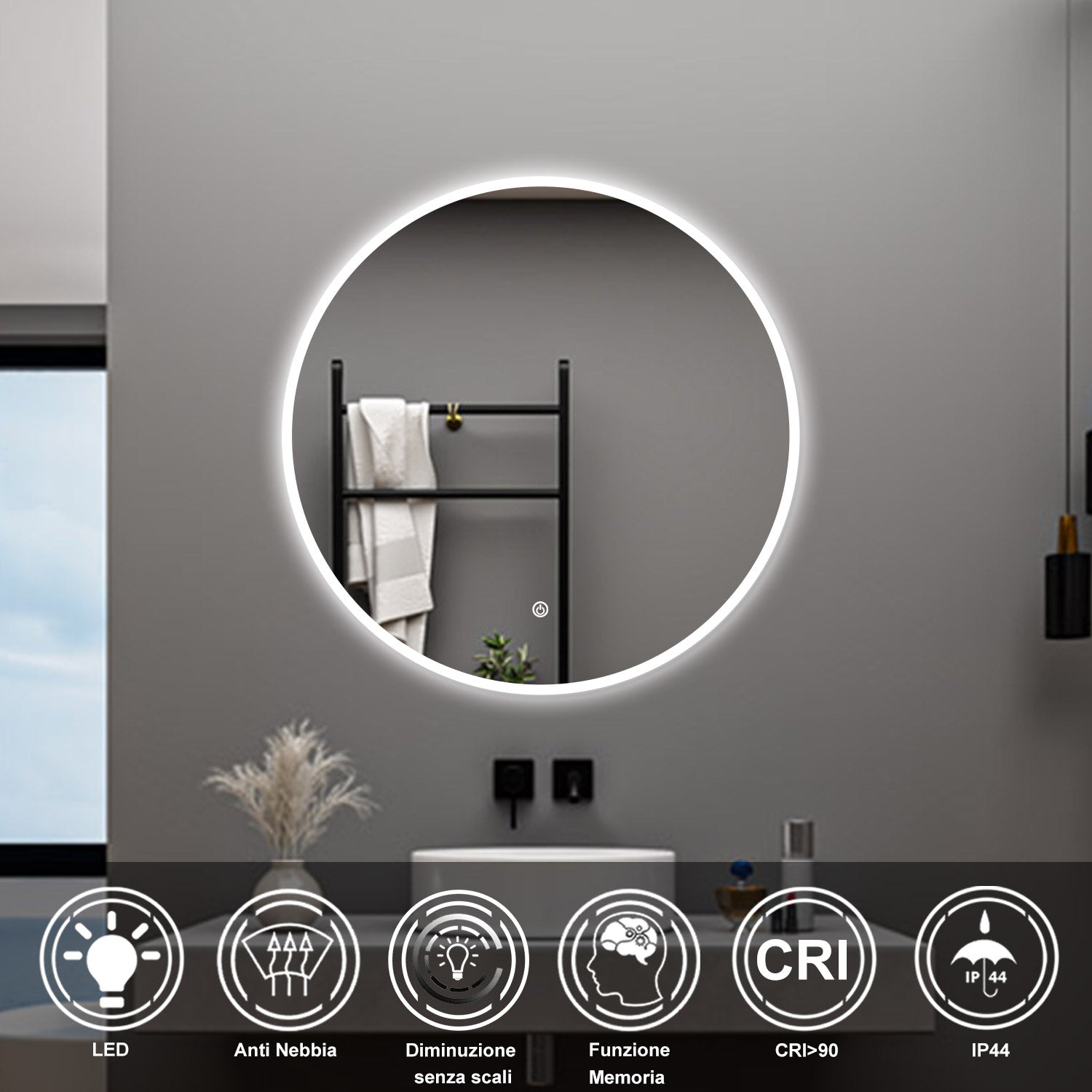 AICA Specchio da bagno 70 x 70 cm, antiappannamento, dimmerabile, interruttore touch, Funzione Memoria