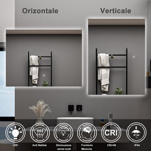 AICA Specchio da bagno 80 x 60 cm, antiappannamento, dimmerabile, interruttore touch, Funzione Memoria