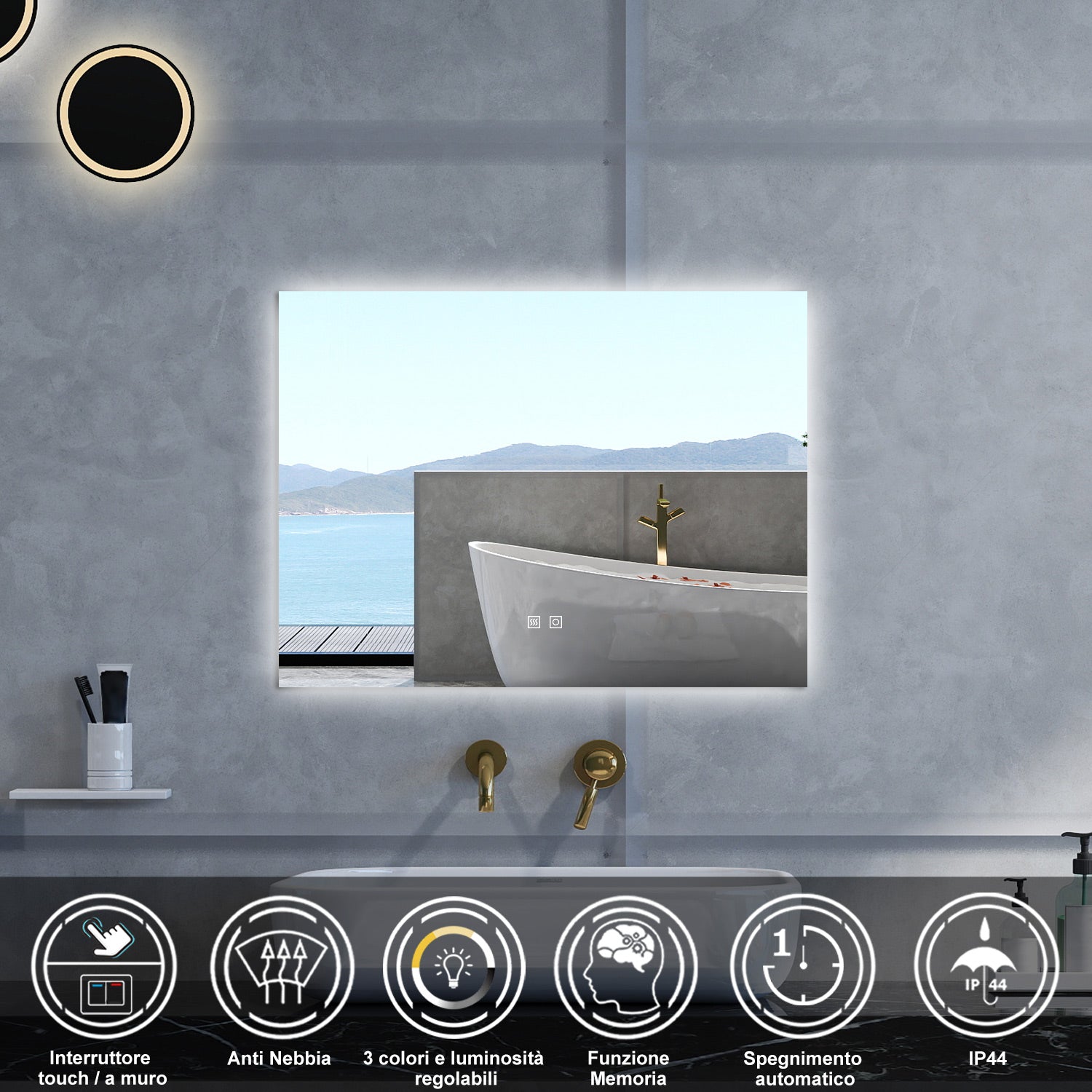 Specchio da bagno Rettangolare con 80x60cm,3 colori,Memoria, Antifog,Regorabile,Retroilluminato,doppio interruttore,