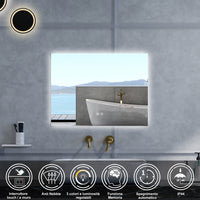 Specchio da bagno Rettangolare con 80x60cm,3 colori,Memoria, Antifog,Regorabile,Retroilluminato,doppio interruttore,