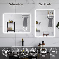 AICA Specchio da bagno  60 x 80 cm, dimmerabile, Blue tooth, Funzione Memoria, antiappannamento, 3 colori, Magnificatore