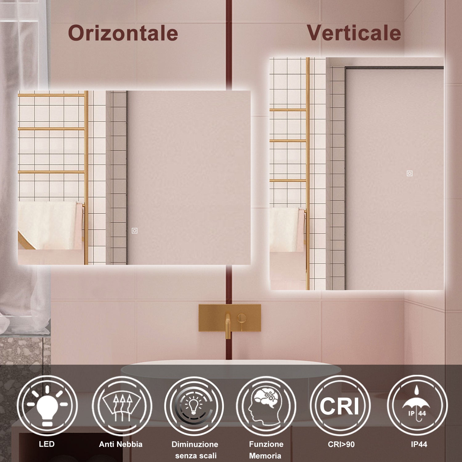 AICA Specchio da bagno 100 x 60 cm, antiappannamento, dimmerabile, interruttore touch, Funzione Memoria