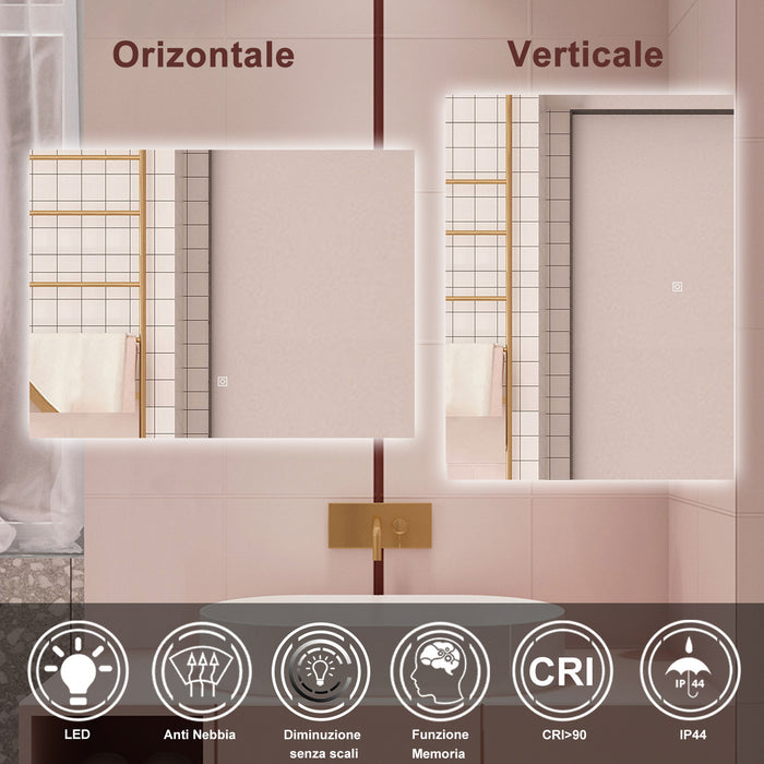 AICA Specchio da bagno 100 x 60 cm, antiappannamento, dimmerabile, interruttore touch, Funzione Memoria